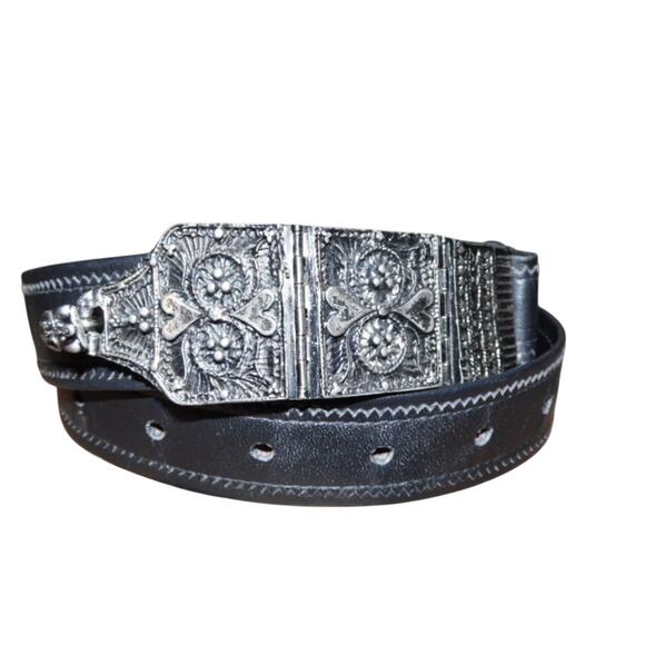 hammered metal artist made belt buckle with black leather belt main image 4